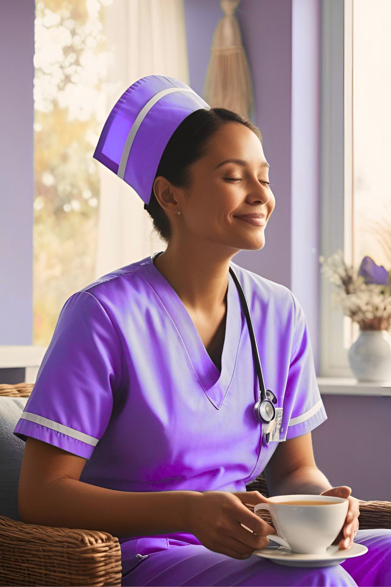 infirmière dans une blouse mauve détendue et souriante