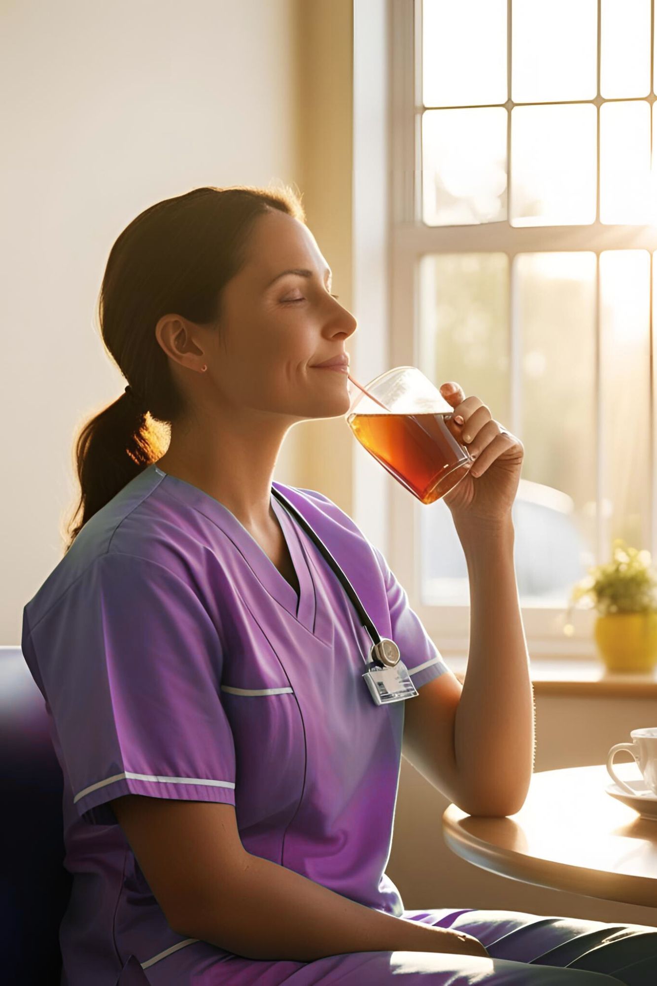 infirmière dans une blouse violette buvant un thé devant un rayon de soleil s'infiltrant par la fenêtre