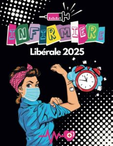 affiche avec un gros titre coloré "INFIRMIERE" avec une représentation d'une infirmière montant les gros bras ainsi qu'un gros réveil