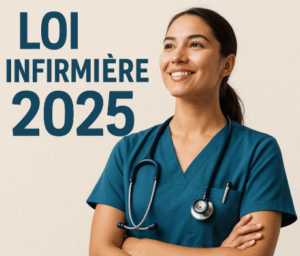 Loi infirmière 2025 écrit en gros accompagné d'une infirmière portant une blouse bleue
