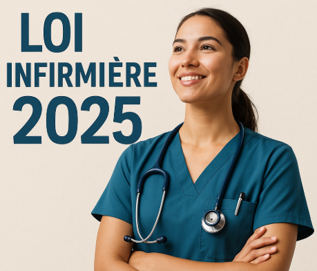 Loi infirmière 2025 écrit en gros accompagné d'une infirmière portant une blouse bleue