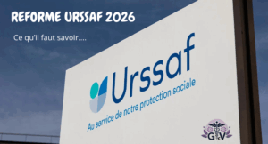 Panneau avec le logo URSSAF et au service de notre protection sociale