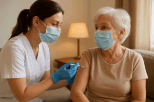 Une infirmière avec un masque qui est en train de vacciner une dame agée